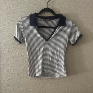 Brandy Melville White/Navy Striped Collared Crop Top